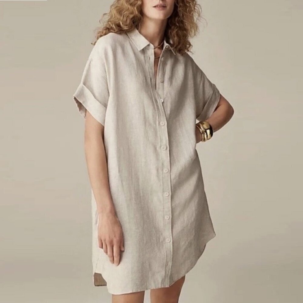 J. Crew Relaxed-Fit Short-Sleeve Baird McNutt Irish Beige Linen Shirt-Dress, XSP